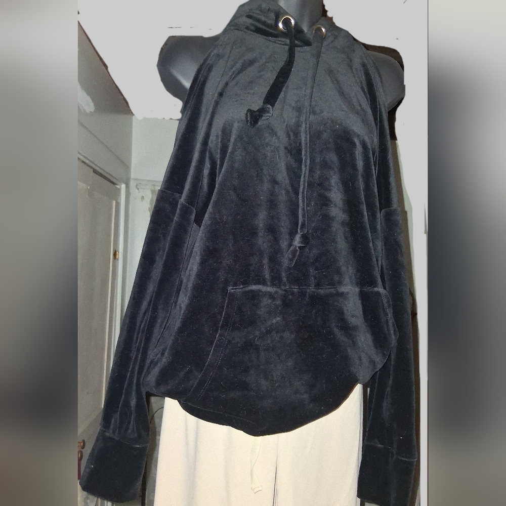 Cotton Candy Black Velvet HOODIE with Open Shoulder & Laced Back